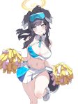  1girl absurdres animal_ears bare_shoulders black_hair blue_archive blue_eyes blush breasts cheerleader cleavage commentary_request crop_top foot_out_of_frame halterneck hibiki_(blue_archive) highres holding holding_pom_poms large_breasts lir_(cuhc3357) long_hair looking_at_viewer midriff miniskirt navel pleated_skirt pom_pom_(cheerleading) shoes simple_background skirt sneakers solo standing standing_on_one_leg stomach thighs white_background white_footwear white_skirt 