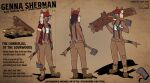 abs anthro axe brown_body brown_fur clothing crop_top cryptid english_text female fur genna_sherman_(posspowered) hat headgear headwear hi_res lumberjack model_sheet posspowered shirt solo suspenders text topwear truck_(vehicle) vehicle weapon