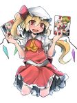  3girls absurdres ascot blonde_hair blush breasts collared_shirt fang flandre_scarlet flanvia frilled_shirt_collar frilled_skirt frills hair_between_eyes hat head_tilt heart highres holding_manga konpaku_youmu long_hair mob_cap multicolored_wings multiple_girls one_side_up open_mouth puffy_short_sleeves puffy_sleeves red_eyes red_skirt red_vest rumia shirt short_sleeves simple_background skirt small_breasts solo_focus touhou vest white_background white_headwear white_shirt wings yellow_ascot 