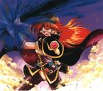  90s angry araizumi_rui armor belt cameltoe cape earrings fighting_stance gloves glowing headband jewelry lina_inverse long_hair magic night night_sky open_mouth orange_hair outdoors red_eyes shiny shiny_clothes sky slayers smoke solo spandex sword weapon 