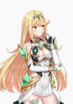  1girl absurdres bare_shoulders blonde_hair breasts brown_eyes cleavage closed_mouth commentary_request covered_navel dress earrings elbow_gloves gloves grey_background hand_up headpiece highres jewelry long_hair looking_to_the_side medium_breasts mythra_(xenoblade) nixo_(gugunico) simple_background solo standing very_long_hair white_dress white_gloves xenoblade_chronicles_(series) xenoblade_chronicles_2 