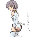  adjusting_clothes adjusting_leotard ass bangs bare_shoulders blush breasts closed_mouth cosplay elbow_gloves expressionless from_side gloves grey_eyes grey_hair halterneck kneeling leotard looking_at_viewer looking_back motion_slit nagato_yuki pilot_suit sakurano_otoha sakurano_otoha_(cosplay) short_hair simple_background sketch sky_girls small_breasts solo suzumiya_haruhi_no_yuuutsu thighhighs translated turtleneck white_background white_gloves white_legwear white_leotard yuuichi_(tareme_paradise) 