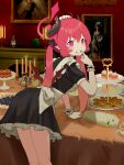  1girl apron black_dress black_horns black_ribbon blue_archive cake cake_slice candle candlestand commentary_request demon_girl demon_wings dress duster fine_art finger_in_own_mouth food food_on_face hair_ribbon halo highres horns junko_(blue_archive) low_wings macaron maid maid_apron maid_headdress painting_(object) pastry pink_eyes pink_hair pink_halo plate pointy_ears red_wings ribbon slit_pupils solo table twintails white_apron wings yeechem2002 