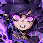  1girl angry clenched_teeth hair_between_eyes incoming_attack league_of_legends long_hair looking_at_viewer morgana_(league_of_legends) phantom_ix_row pointy_ears purple_eyes purple_hair sidelocks simple_background solo teeth upper_body v-shaped_eyebrows 