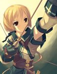  aiming arm_up arrow artist_request blonde_hair bow_(weapon) brown_eyes copyright_request drawing_bow gloves holding holding_arrow looking_up lowres short_hair solo upper_body weapon 