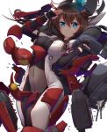  1girl adapted_costume armor black_bodysuit black_gloves black_hair blue_eyes bodysuit braid breasts cowboy_shot fingerless_gloves gloves hair_flaps hair_over_shoulder hashtag_only_commentary kantai_collection long_hair mecha_musume medium_breasts moke_ro parted_lips pilot_suit salute shigure_(kancolle) shigure_kai_san_(kancolle) simple_background single_braid smile solo white_background 