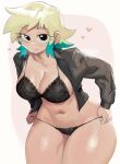  1girl black_bra black_eyes black_jacket black_panties blonde_hair blue_nails bomber_jacket bra breasts cleavage commentary english_commentary fingernails green_hair heart highres jacket lace lace_bra lace_panties large_breasts leaning_forward light_smile looking_at_viewer multicolored_hair navel no_shirt open_clothes open_jacket pac-man_eyes panties panty_pull pulled_by_self ramona_flowers scott_pilgrim_(series) short_hair solo spaghetti_strap thick_thighs thighs two-tone_hair underwear undressing w0m1 wide_hips 