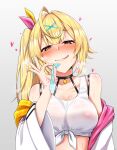  blonde_hair blush condom covered_nipples doyagao fellatio_gesture hair_ornament highres hoshikawa_sara hoshikawa_sara_(1st_costume) naughty_face nijisanji sekino_takehiro side_ponytail smile smug sweat tongue tongue_out used_condom virtual_youtuber 