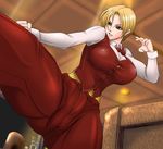  blonde_hair blue_eyes breasts fighting_stance foreshortening formal huge_breasts kicking king_(snk) mokusa pant_suit ryuuko_no_ken shirt short_hair snk solo suit the_king_of_fighters tight_shirt vest 