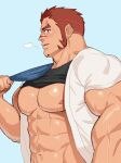  1boy abs akashi_(live_a_hero) bara bare_pectorals blue_background breath clothes_lift facial_hair goatee highres kansuke_(kansuke_717) large_pectorals live_a_hero long_sideburns looking_at_viewer male_focus muscular muscular_male navel nipples open_clothes open_shirt pectorals profile red_hair scar scar_on_face scar_on_nose shirt_lift short_hair short_sleeves sideburns simple_background solo sweatdrop thick_arms thick_eyebrows towel_on_one_shoulder upper_body wet 