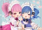  2girls ahoge apron blue_hair cheek_poking chii_(pixiv20756878) dress eyebrows_hidden_by_hair final_fantasy final_fantasy_xiv gem heterochromia highres lalafell large_ribbon long_bangs looking_at_another maid maid_apron maid_headdress multiple_girls neck_ribbon one_eye_closed open_mouth pink_dress pink_eyes pink_hair pink_ribbon pointy_ears poking ponytail purple_dress purple_eyes purple_ribbon ribbon scrunchie shirt side_ponytail smile teeth upper_body upper_teeth_only waist_ribbon white_apron white_shirt wrist_scrunchie 