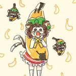  1girl animal_ear_piercing animal_ears banana_costume blush_stickers brown_eyes brown_hair cat_ears cat_tail chen chibi commentary earrings english_commentary feet_out_of_frame frills fruit_background green_headwear hands_on_own_cheeks hands_on_own_face hands_up hat jewelry long_sleeves mob_cap multiple_tails multiple_views nekomata numenoko open_mouth petticoat red_skirt short_hair simple_background single_earring skirt socks standing surprised tail teeth touhou two_tails upper_teeth_only white_background white_socks 