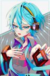  1girl :d bare_shoulders black_background blue_eyes blue_hair blue_nails blue_necktie blush collared_shirt colorful dot_nose fang floating frilled_shirt frills grey_shirt hair_between_eyes hair_ornament hand_on_own_chest hand_up hatsune_miku headset highres holding holding_hair_ornament inset_border looking_at_viewer lower_teeth_only medium_hair microphone naguno-0713 nail_polish necktie number_tattoo open_collar open_mouth shirt sidelocks skin_fang sleeveless sleeveless_shirt smile solo tattoo teeth two-tone_background undone_necktie upper_body vocaloid white_background wing_collar wolf_cut 