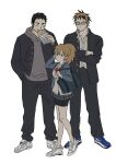  1girl 2boys aikawa_(dorohedoro) alternate_costume artist_request bespectacled black_hair blonde_hair blush colored_tips dorohedoro eating facial_mark full_body gakuran glasses height_difference hood hoodie long_hair looking_at_viewer medium_sideburns multicolored_hair multiple_boys nikaidou_(dorohedoro) no_eyebrows risu_(dorohedoro) school_uniform standing thick_eyebrows 