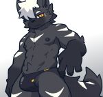 2024 4_fingers abs anthro arm_tuft athletic belly_tuft black_body black_clothing black_fur black_nipples black_nose black_speedo black_swimwear black_tail clothed clothing digital_media_(artwork) elbow_tuft eyebrows fingers fur genital_outline hair kemono looking_at_viewer low-angle_view male mammal markings multicolored_body multicolored_fur narrowed_eyes navel navel_tuft nipples one_eye_obstructed portrait pupils simple_background slit_pupils solo speedo speedo_only stripes swimwear tail three-quarter_portrait three-quarter_view topless tuft two_tone_body two_tone_fur v-cut white_background white_body white_eyebrows white_fur white_hair white_markings white_stripes yellow_eyes yunbucai