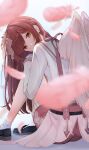  1girl absurdres alternate_costume bare_legs black_footwear blurry blurry_foreground blush brown_hair depth_of_field falling_feathers feathered_wings head_tilt highres idolmaster idolmaster_shiny_colors knee_up looking_at_viewer looking_back marishiten_(mar1sh110) osaki_amana pink_shorts pink_wings shirt shorts sitting socks solo white_shirt white_socks white_wings wings yellow_eyes 