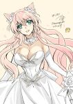  1girl bouquet breasts bride cleavage dress elbow_gloves gloves green_eyes hair_ornament highres holding holding_bouquet kanna_(plum) large_breasts long_hair looking_at_viewer maria_cadenzavna_eve open_mouth pink_hair senki_zesshou_symphogear solo wedding_dress white_dress white_gloves 