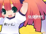  aqua_eyes arms_up bangs black_outline blush_stickers close-up copyright_name fang gagraphic green_eyes gym_uniform headband long_hair looking_at_viewer magical_rain_chan name_tag open_mouth outline pink_hair red_hair short_sleeves solo wallpaper watermark web_address zankuro 