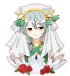  blush dorothy_(rf2) flower gem hair_ornament hairclip jewelry long_hair looking_at_viewer necklace pendant red_eyes red_flower red_rose rose rune_factory rune_factory_2 sazame silver_hair simple_background solo veil white_background 