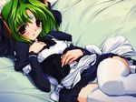  beat_angel_escalayer bed blush breasts covered_nipples dress game_cg green_hair kouenji_madoka lying medium_breasts onigirikun panties pantyshot pantyshot_(lying) red_eyes skirt solo thighhighs underwear wallpaper white_panties 