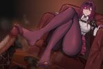  1girl censored crossed_legs erection feet footjob glasses gloves high-waist_shorts highres honkai:_star_rail honkai_(series) jacket jacket_on_shoulders kafka_(honkai:_star_rail) legs looking_at_viewer mosaic_censoring no_shoes pantyhose pantyhose_under_shorts penis purple_eyes purple_gloves purple_hair purple_pantyhose shorts sitting smile soles solo_focus thighs toes wenzheng147 