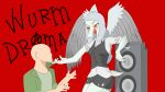 5_fingers amber_eyes anon_(snoot_game) anthro bald blue_body blue_scales bone_frill bottomwear breasts clothing duo faceless_character faceless_human faceless_male fang_(gvh) feathered_wings feathers female fingers fly_flatron frill_(anatomy) goodbye_volcano_high grey_body grey_feathers hair head_crest head_frill hi_res human long_hair looking_at_another male mammal markings pattern_clothing pattern_topwear pattern_vest pterodactylus pterosaur reptile scales scalie shirt short_tail shorts silver_hair simple_background snoot_game speaker striped_clothing striped_markings striped_tail striped_topwear striped_vest stripes tail tail_markings tongue topwear vest wings