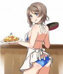  1girl apron ass back bikini blush breasts cooking food from_behind looking_at_viewer love_live! love_live!_sunshine!! omelet omurice short_hair smile solo swimsuit turkey_min watanabe_you 