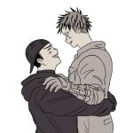  2boys aikawa_(dorohedoro) artist_request black_hair blonde_hair blush carrying carrying_person closed_eyes colored_tips couple dorohedoro facial_mark from_side gloves happy hood hoodie looking_at_another male_focus multicolored_hair multiple_boys no_eyebrows profile risu_(dorohedoro) thick_eyebrows yaoi 