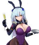  1girl adapted_costume animal_ears black_gloves black_pantyhose blue_hair breasts champagne_flute cleavage cross_hair_ornament cup drinking_glass expressionless girls&#039;_frontline gloves hair_ornament highres hk416_(girls&#039;_frontline) ichi_illust001 large_breasts leotard looking_at_viewer pantyhose playboy_bunny purple_leotard rabbit_ears solo white_background yellow_eyes 