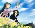  1girl bird bird_on_hand bird_on_leg black_hair blood+ cloud day dress field flower haji long_hair non-web_source otonashi_saya sky 