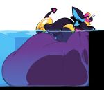 2023 anthro bat belly belly_focus belly_overhang big_belly boot_(artist) boot_(character) bovid caprine clothing colored digital_media_(artwork) goat huge_belly hyper hyper_belly in_pool lying male mammal on_front overweight pool pool_float pool_toy poolside side_view solo swimwear tail thick_tail thick_thighs