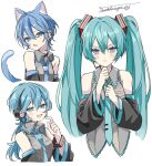  3girls :&lt; :d :o animal_ears bare_shoulders black_collar black_sleeves blue_eyes blue_hair blue_necktie cat_ears cat_girl cat_tail closed_mouth collar collared_shirt cropped_torso detached_sleeves earclip earrings fang finger_to_cheek frilled_shirt frills grey_shirt hair_between_eyes hair_ornament hand_up hatsune_miku headset highres jewelry kemonomimi_mode long_hair long_sleeves looking_at_viewer medium_hair microphone multiple_girls naguno-0713 necktie number_tattoo open_mouth ponytail shirt signature simple_background skin_fang sleeveless sleeveless_shirt smile stud_earrings tail tattoo tie_clip twintails very_long_hair vocaloid white_background wolf_cut 