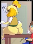 absurd_res animal_crossing anthro big_butt bodily_fluids bottomless bulge butt canid canine canis clothed clothing davidsanchan domestic_dog duo female hi_res human isabelle_(animal_crossing) male mammal nintendo question_mark rear_view sitting_on_table sweat sweatdrop villager_(animal_crossing)