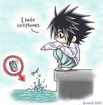  bags_under_eyes cellphone chibi death_note english l_(death_note) male_focus phone solo squatting water 