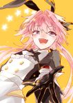  1boy absurdres animal_ears astolfo_(fate) astolfo_(saber)_(fate) astolfo_(saber)_(third_ascension)_(fate) black_bow black_bowtie black_gloves black_thighhighs bow bowtie dated fake_animal_ears fang fate/grand_order fate_(series) gloves hair_bow hair_intakes highres light_particles long_hair low_twintails male_focus multicolored_hair open_mouth otoko_no_ko outstretched_hand pink_hair purple_eyes rabbit_ears ru_to_bi signature simple_background skin_fang smile solo star_(symbol) streaked_hair thighhighs twintails very_long_hair white_hair wing_collar yellow_background 