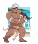  1boy 1girl akiha_gongen_(housamo) bandaid bandaid_on_face bandaid_on_nose bara dark-skinned_male dark_skin f69g face_to_pecs facial_hair forced full_body goatee grin hetero highres horns large_pectorals male_swimwear multicolored_hair muscular muscular_male official_alternate_costume pectorals protagonist_2_(housamo) scar scar_on_cheek scar_on_face single_horn smile standing swim_briefs thick_eyebrows tokyo_afterschool_summoners two-tone_hair white_hair yellow_male_swimwear 