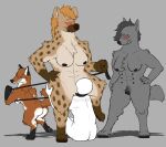 anthro artist_name blush breasts canid canine canis collar cunnilingus dominant dominant_female female fox grey_background group hi_res holding_leash holding_object human hyena leash male male/female mammal muscular muscular_female nipples nude oral projectilerat red_fox sex simple_background sitting spotted_hyena submissive submissive_male vaginal wolf
