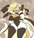 anthro blonde_hair clothing eyewear female generation_3_pokemon glasses gwendolynn_(lewdchuu) hair hat headgear headwear hi_res legwear lewdchuu_(artist) nintendo pokemon pokemon_(species) seviper solo stockings tail topwear white_body yellow_eyes