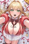  1girl absurdres ahoge blonde_hair blush breasts chocolate cleavage fate/extra fate/grand_order fate_(series) green_eyes hair_intakes highres large_breasts long_hair looking_at_viewer nero_claudius_(fate) nero_claudius_(fate/extra) smile solo yayoi_maka 