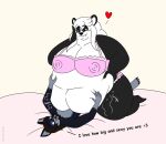 &lt;3 2024 4_toes 5_fingers alexandersie anthro bangs bear bed belly belly_grab big_belly big_breasts black_body black_eyes black_fur black_hair black_mustache black_nose breasts canid canine canis clawed_fingers claws cleavage clothed clothing colored dialogue digital_drawing_(artwork) digital_media_(artwork) duo facial_hair facial_markings fangs feet female fingers flat_colors fur furniture giant_panda grey_body grey_fur groan gurgle_(sound_effect) hair half-closed_eyes hand_on_belly hand_on_head head_markings inside james_&quot;ashley&quot;_potter_jr. larger_female ling_(alexandersie) lingerie long_hair lying male male/female mammal markings multicolored_body multicolored_fur mustache narrowed_eyes nipple_outline nipples notched_ear obese obese_anthro obese_female on_back on_top open_mouth overweight overweight_anthro overweight_female pink_bed pink_clothing rumbling_stomach simple_background sitting sitting_on_another size_difference smaller_male smile smiling_at_each_other tan_walls teeth toe_claws toes wall_(structure) white_body white_fur white_hair white_inner_ear wolf