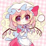  1girl apron ascot blonde_hair blush candy chibi chocolate cowboy_shot crystal_wings dress flandre_scarlet food frills hat hat_ribbon heart heart-shaped_chocolate highres kudamono25253 maid_apron mob_cap pout red_dress red_eyes ribbon solo speech_bubble touhou valentine yellow_ascot 