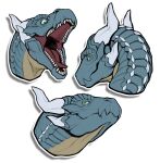 ambiguous_gender blue_body blue_scales dragon feral glistening glistening_eyes green_eyes hi_res horn khyaber long_neck looking_at_viewer mouth_closed narrowed_eyes open_mouth red_tongue scales scalie solo tan_body tongue tongue_out white_horn
