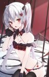  1girl black_gloves blush chocolate commentary cupcake earrings eating english_commentary food food_on_face gloves grey_hair hair_ornament heart heart_hair_ornament highres holding holding_food jewelry looking_at_viewer mizupuruta open_mouth red_eyes solo twintails valentine wings 