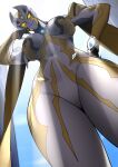 1girl absurdres blue_sky breasts carmeara colored_skin cowboy_shot from_below giant giantess hand_on_own_hip highres large_breasts looking_at_viewer looking_down multicolored_skin purple_lips sky smile solo the_next_decade thighs tokusatsu ultra_series ultraman_trigger_(series) yellow_eyes 
