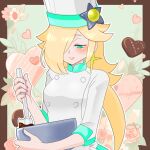  1girl akira_(cute_camellia) blonde_hair blue_eyes bowl candy chef_hat chocolate chocolate_making closed_mouth earrings flower food hair_over_one_eye hat heart heart-shaped_chocolate holding holding_bowl jewelry long_bangs long_hair looking_down mario_(series) mario_kart mario_kart_tour mixing_bowl official_alternate_costume purple_nails rosalina rosalina_(chef) sleeves_past_elbows solo star_(symbol) star_earrings upper_body white_headwear 