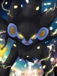  cloud colored_sclera commentary_request electricity fangs glowing glowing_eyes highres looking_at_viewer luxray no_humans open_mouth orange_sclera outdoors pokemon pokemon_(creature) seiya_(snxmari) sky solo standing yellow_eyes yellow_pupils 