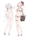  2girls bag bikini black_bikini black_choker blue_eyes breasts choker flat_chest full_body grey_hair highres kuroshiro_ti multiple_girls navel o-ring o-ring_bikini original pink_hair ponytail sandals shoulder_bag side-tie_bikini_bottom skindentation small_breasts swimsuit thigh_strap twintails white_bikini yellow_eyes 