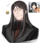  1boy black_hair black_jacket black_shirt closed_eyes collared_shirt cropped_shoulders emoji facing_viewer fate/grand_order fate_(series) highres jacket long_hair lord_el-melloi_ii male_focus necktie red_necktie reference_inset shirt smile solo tokoni_fusu waver_velvet white_background 