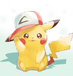  :3 animal_focus arm_up baseball_cap clothed_pokemon hat looking_at_viewer no_humans on_floor open_mouth pikachu pokemon pokemon_(anime) pokemon_(creature) red_headwear shadow srinitybeast tail white_background 