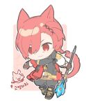  1boy animal_ears black_footwear black_pants black_scarf boots border brown_gloves cat_boy cat_ears cat_tail chibi chibi_only facial_mark final_fantasy final_fantasy_xiv fingerless_gloves flat_color from_side full_body g&#039;raha_tia gloves hair_between_eyes hair_ornament holding holding_staff jacket jewelry knee_boots low_ponytail male_focus marimo_jh miqo&#039;te no_nose outside_border pants pendant pink_background red_eyes red_hair red_jacket rounded_corners scarf shirt short_ponytail simple_background smile solo staff standing swept_bangs tail white_border white_shirt x_hair_ornament 